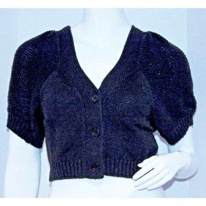 JUICY COUTURE Cropped SHORT Black KNIT Cotton SWEATER Cardigan PUFF Sleeves XS